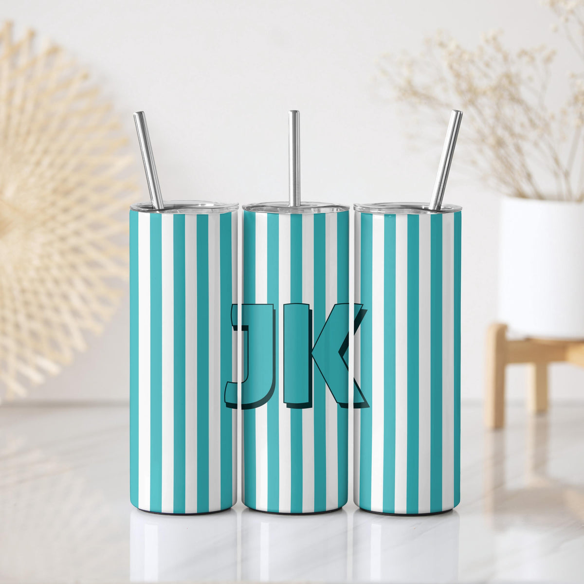 Personalized Monogram Tumbler With Straw, Custom Initials Striped Coffee Tumbler