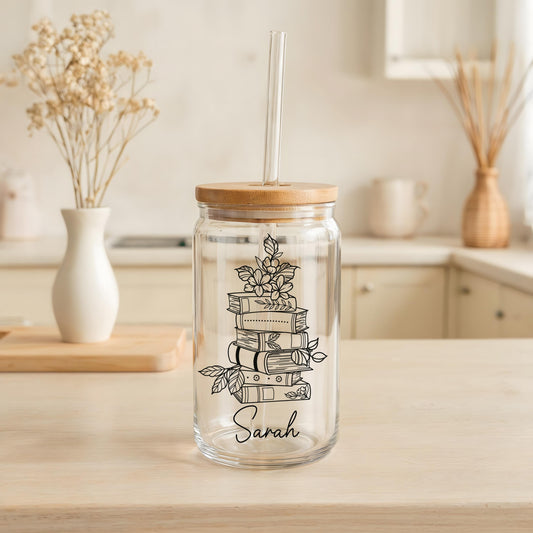 Personalized Cottage Core Theme Bookish Can Glass Cup, Floral Line Art Reader Iced Coffee Cup