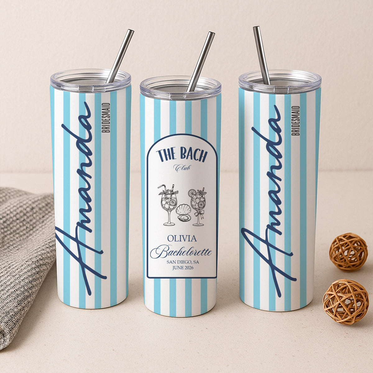 Personalized Bachelorette Tumbler, Custom Name Beach Bach Travel Mug, Bridesmaid Coastal Drinkware