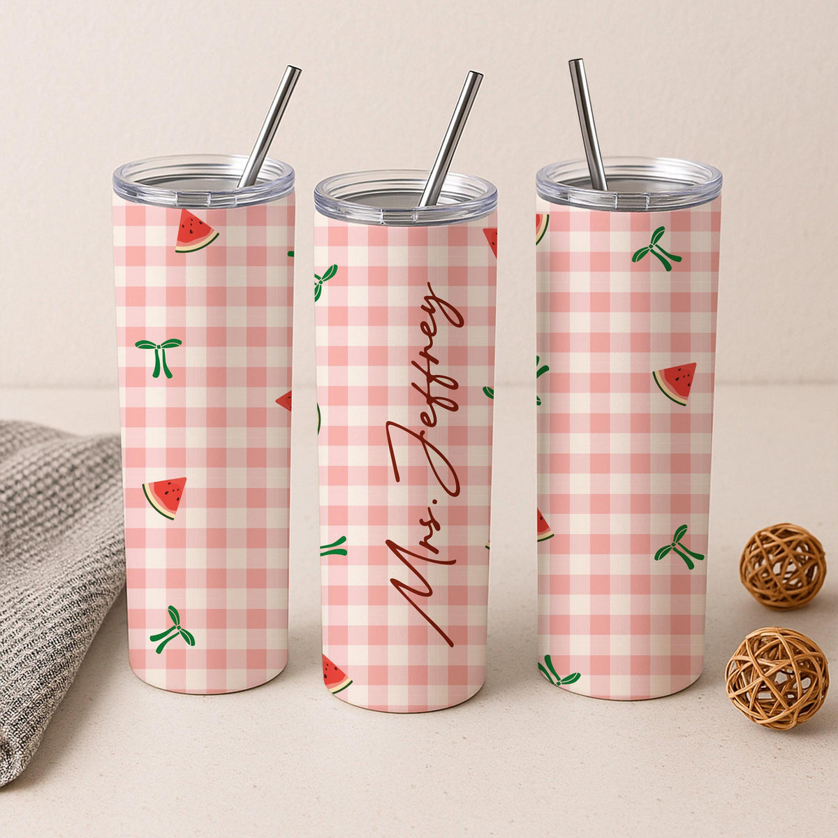 Custom Gingham Tumbler, Personalized Name Travel Mug, Insulated Stainless Steel Cup
