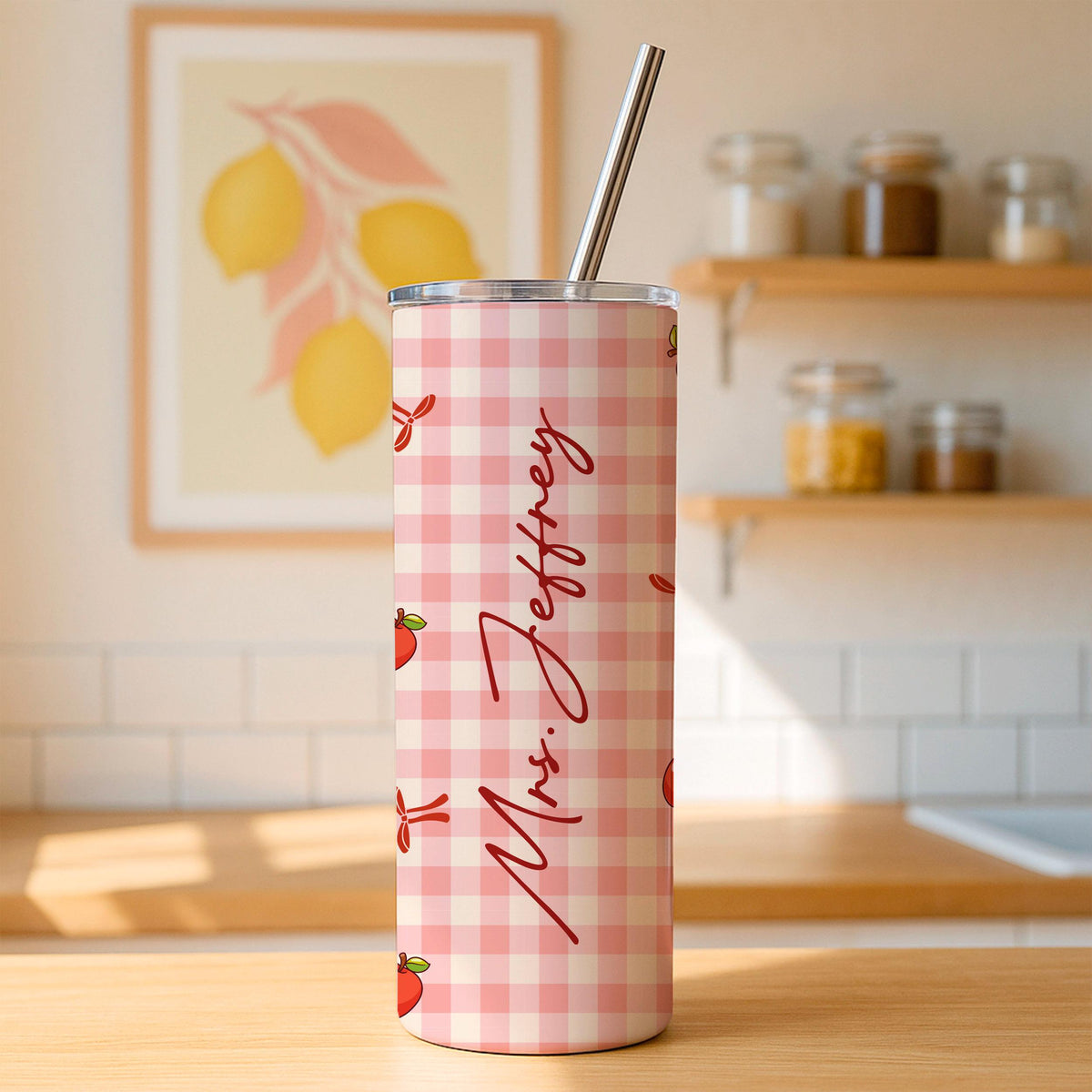 Custom Gingham Tumbler, Personalized Name Travel Mug, Insulated Stainless Steel Cup