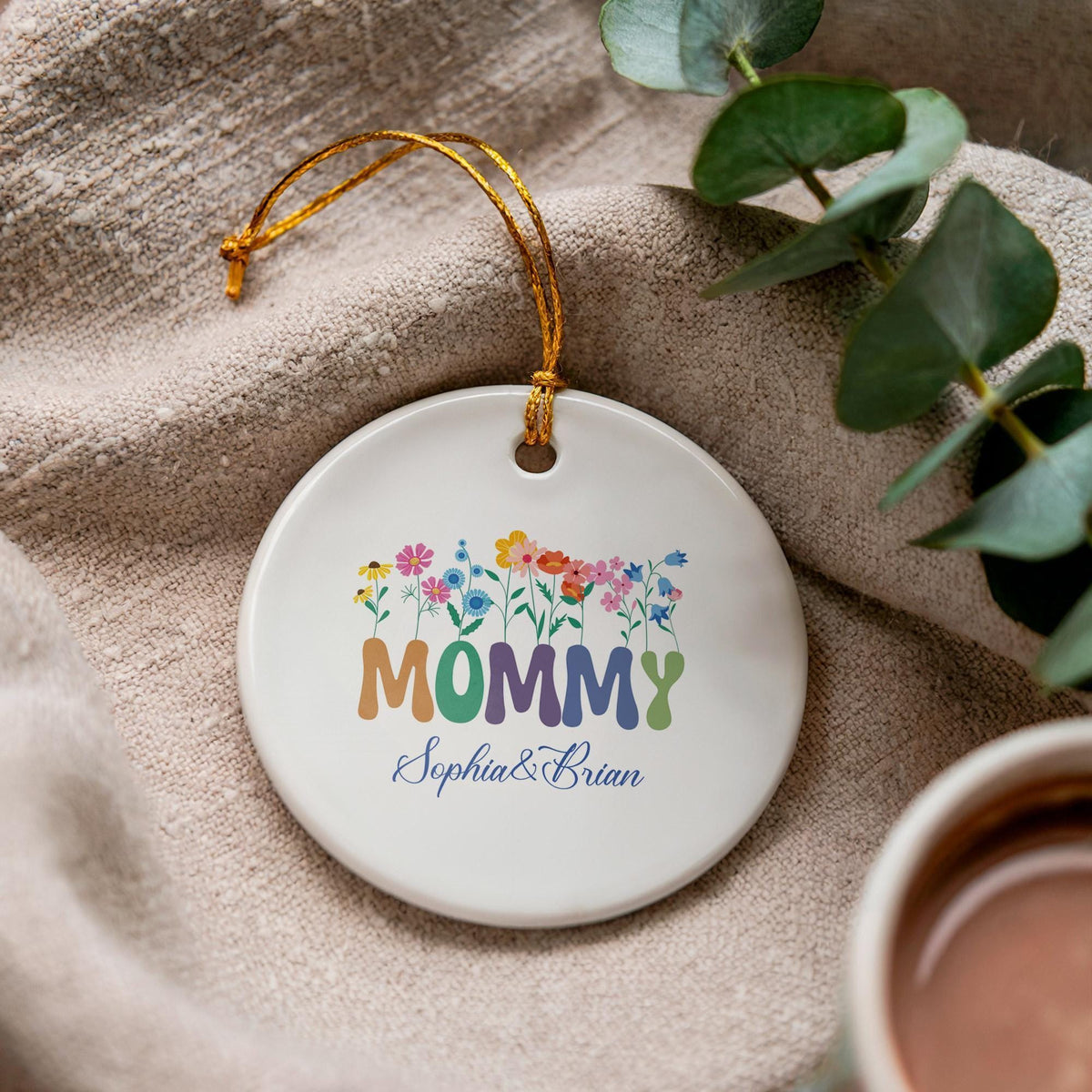 Personalized Floral Mommy Ornament, Custom Kids Names Ceramic Keepsake