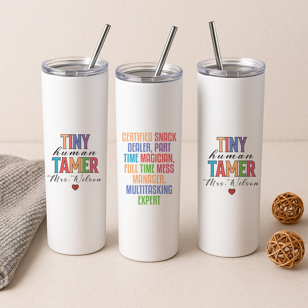 Personalized Teacher Tumbler, Tiny Human Tamer Coffee Mug, Custom Name Travel Cup