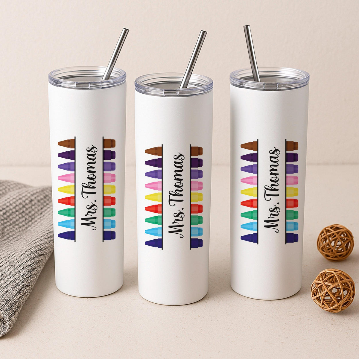 Personalized Teacher Tumbler, Crayon Rainbow Design, Insulated Stainless Steel Cup