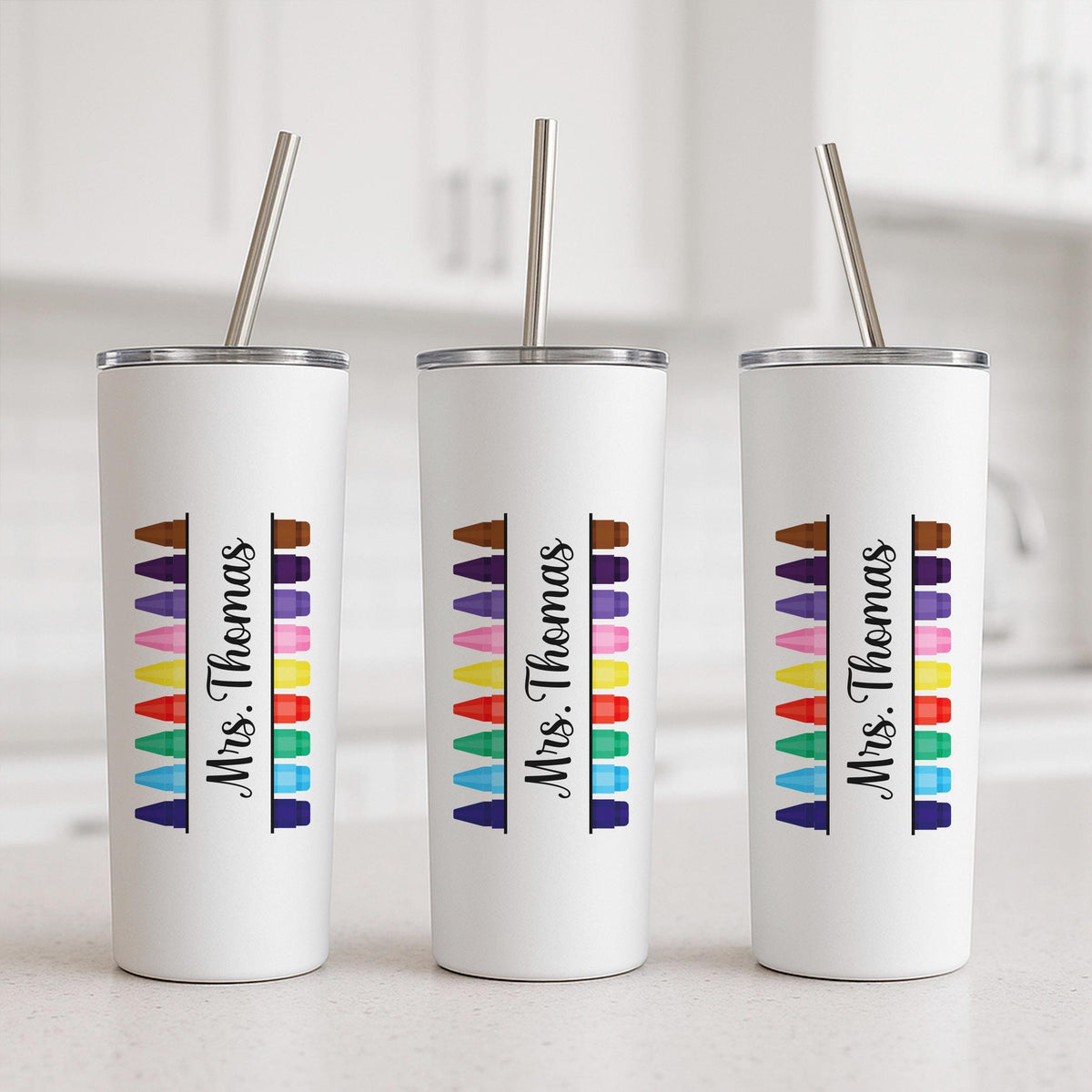Personalized Teacher Tumbler, Crayon Rainbow Design, Insulated Stainless Steel Cup