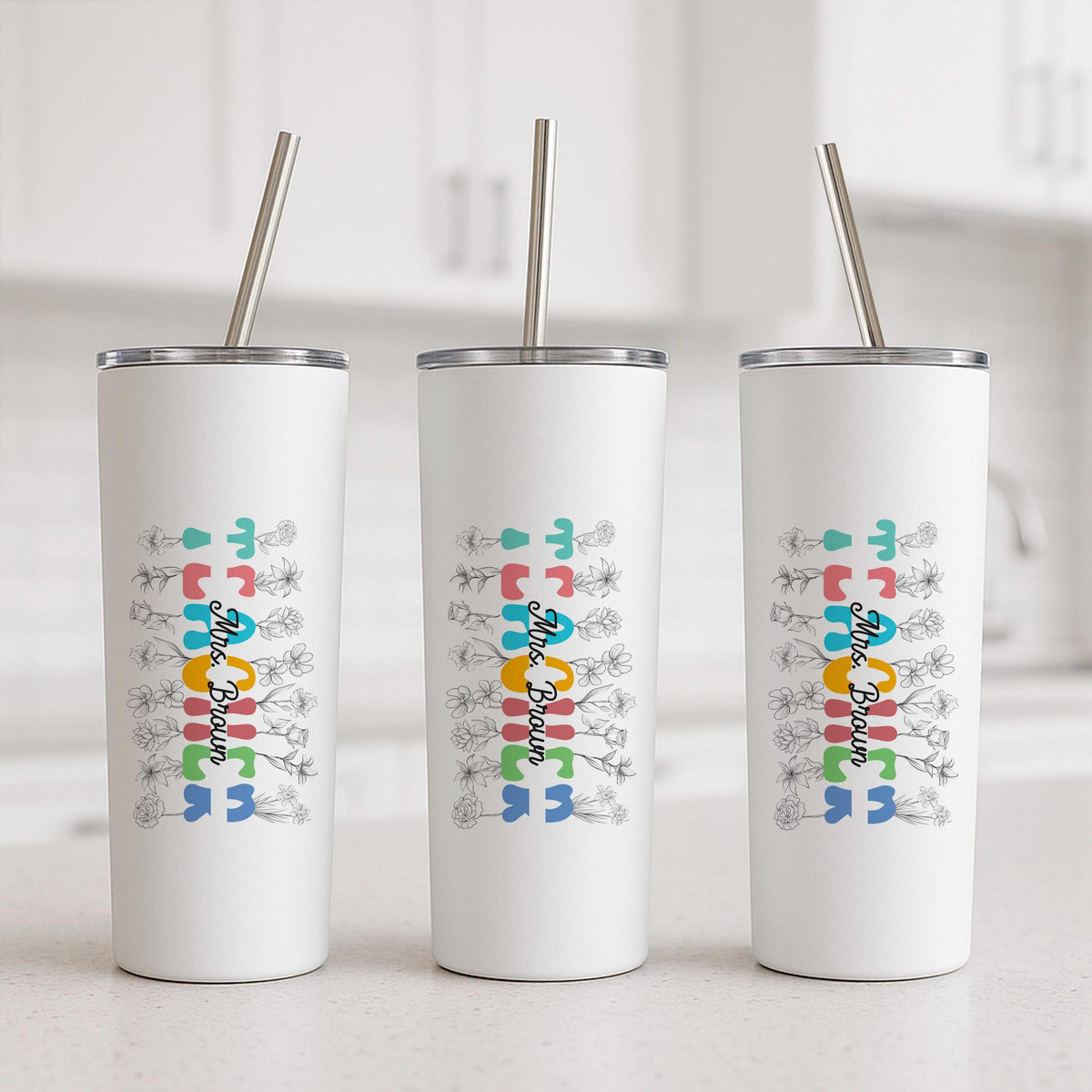 Personalized Teacher Tumbler, Custom Name Insulated Travel Mug, 20oz Skinny Stainless Steel