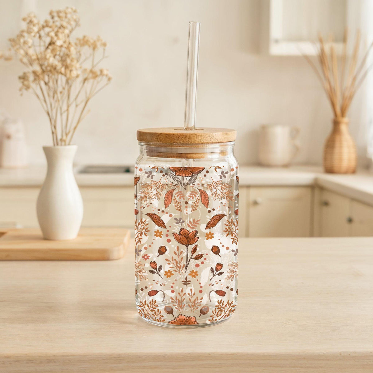 Aesthetic Floral Can Glass Tumbler, Colorful Wild Flowers Designed Iced Coffee Cup
