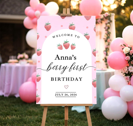 Personalized Strawberry First Birthday Welcome Sign, Berry Theme Foam Board (Coroplast)