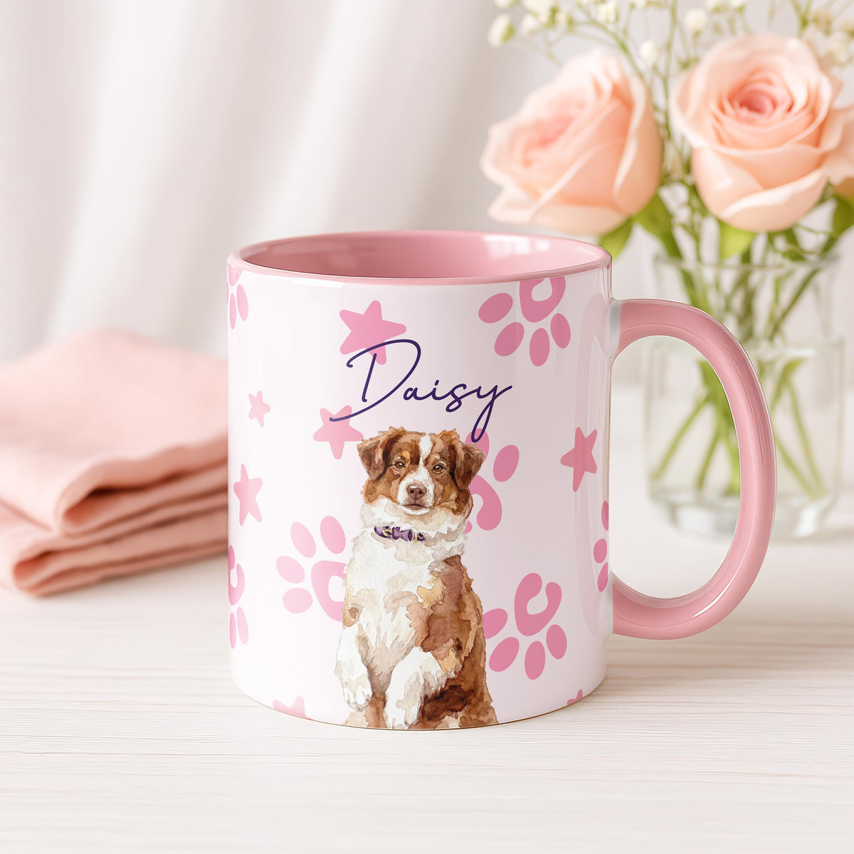 Personalized Watercolor Dog Portrait Mug, Custom Pet Photo Cup, Dogs Lover Gift, Paw Print Star Pattern Ceramic Cups, Puppy Owner Present
