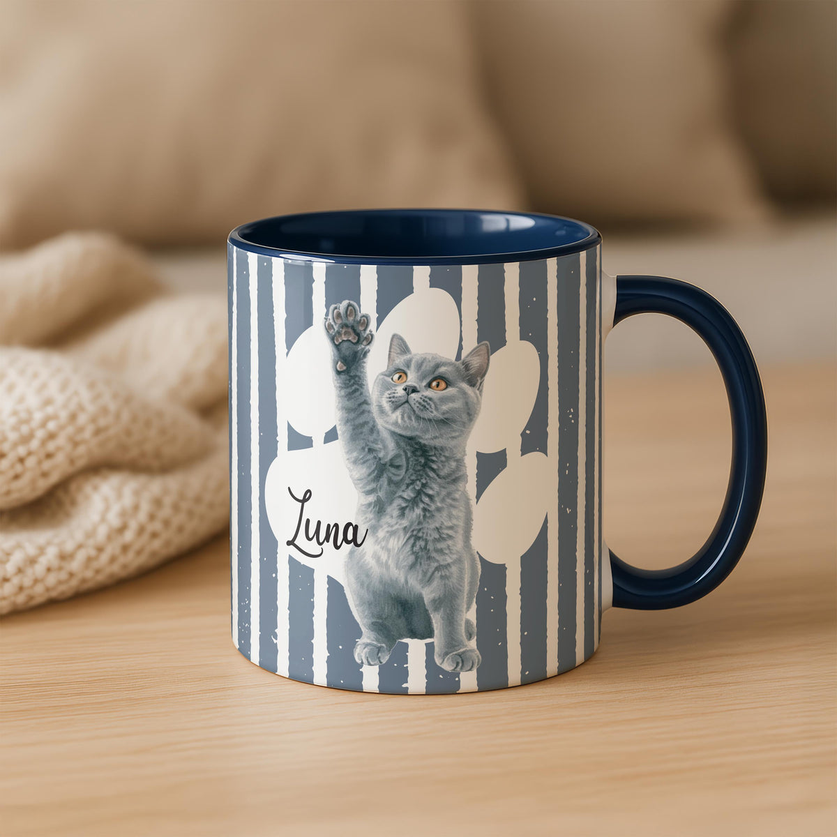Personalized Pet Photo Mug with Name, Custom Cat - Dog Portrait Cup, Striped Designs Pets Mugs, Memorial Present Cups, Dogs Cats Mom Gift