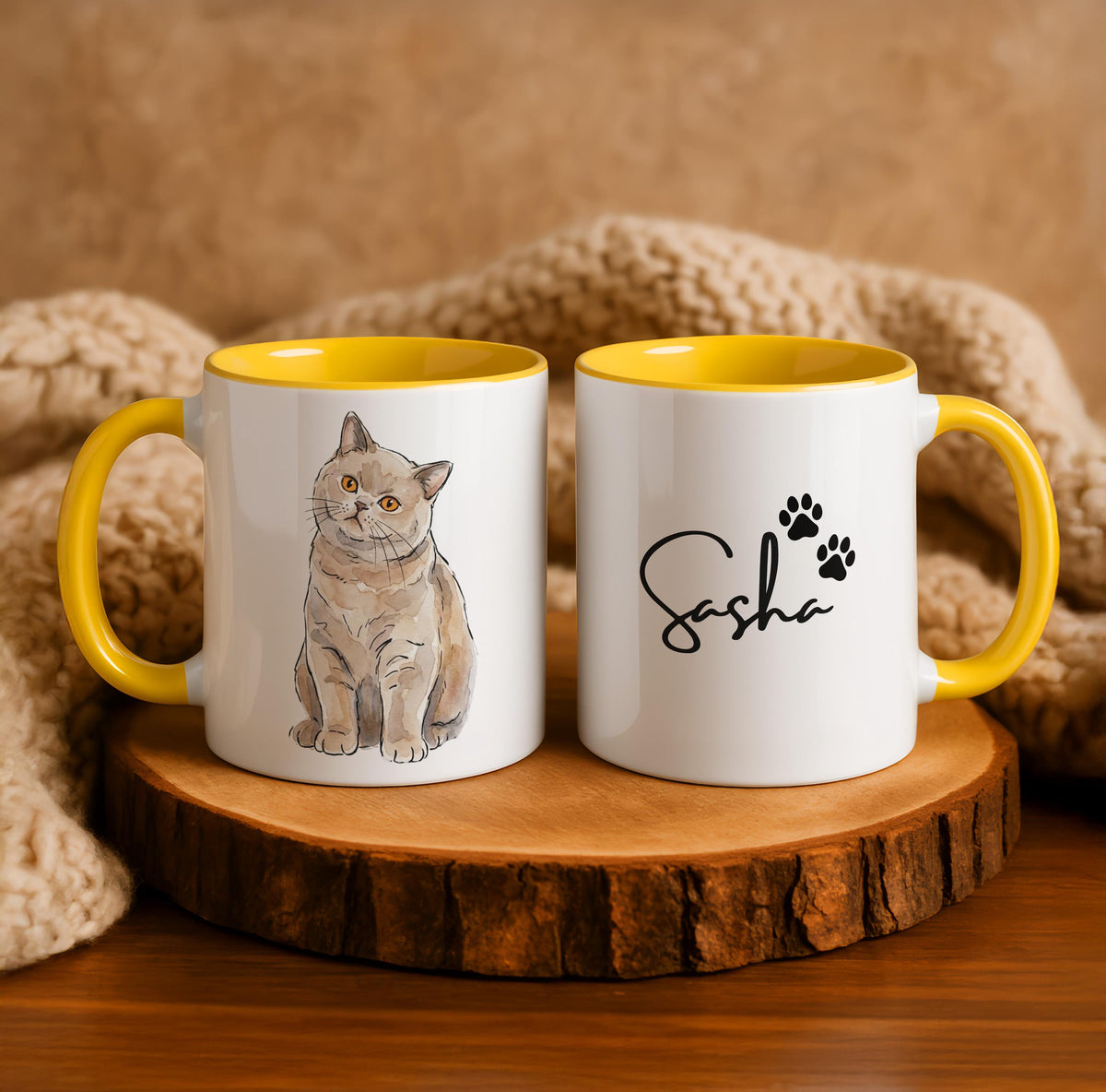 Custom Watercolor Pet Photo Mug, Personalized Cat Portrait & Name Cup, Cats Lover Gift, Paw Print Design Ceramic Cups, Kitten Owner Present