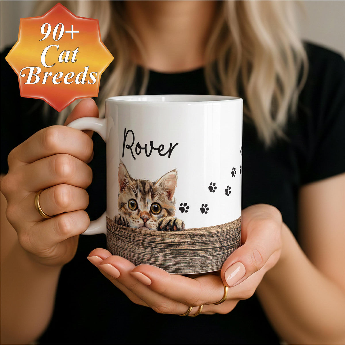 Custom Cat Portrait & Name Mug, Personalized Pet Faces Cup, Cats Lover Gift, Pets Mom Dad Present, New Kitten Owner Gifts, Paw Prints Mugs