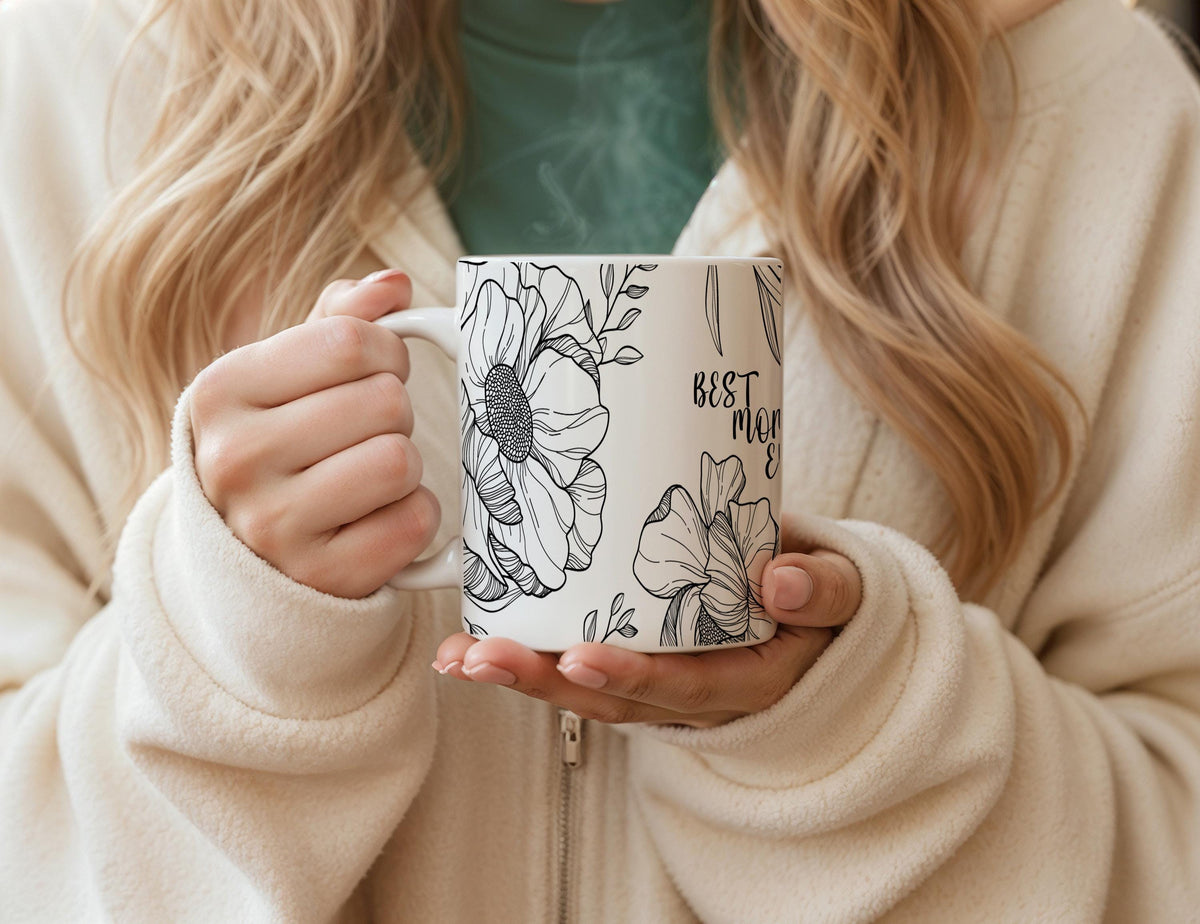 Best Mom Ever Mug, Mother's Day Floral Coffee Cup, Cute Line Art Mom Gift