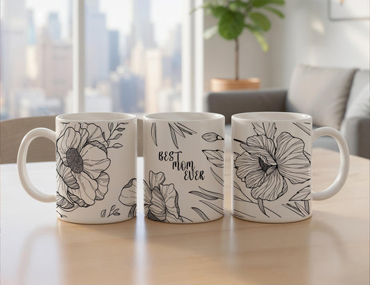 Best Mom Ever Mug, Mother's Day Floral Coffee Cup, Cute Line Art Mom Gift