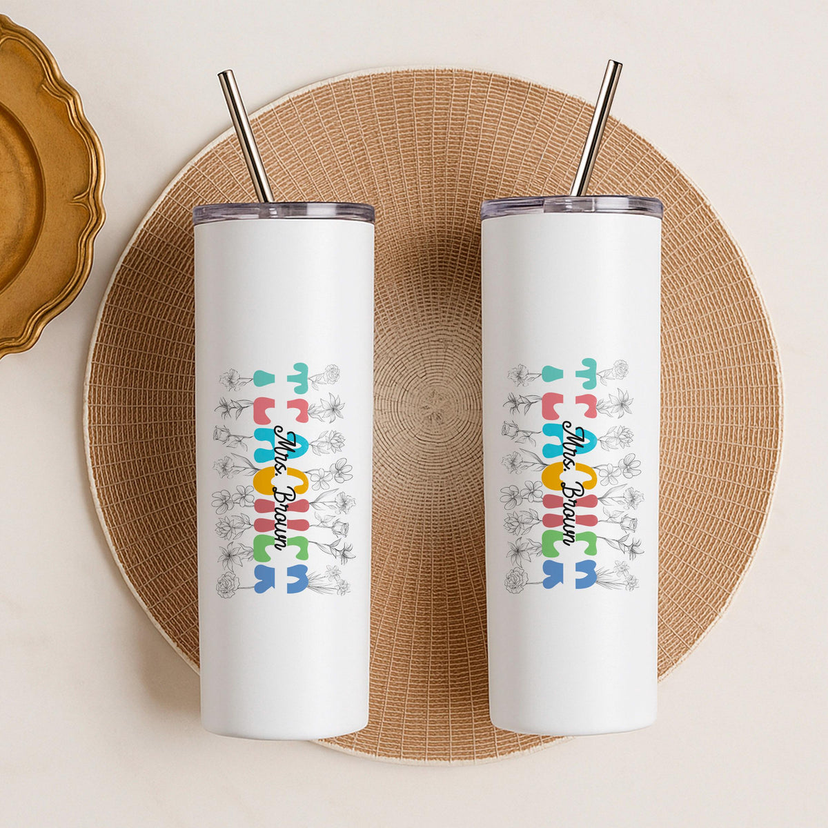 Personalized Teacher Tumbler, Custom Name Insulated Travel Mug, 20oz Skinny Stainless Steel
