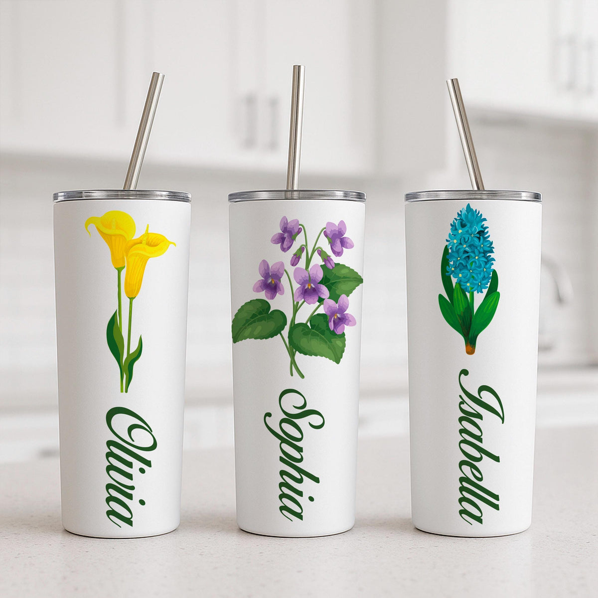 Custom Birth Flower Name Tumbler, Personalized Stainless Steel Travel Mug