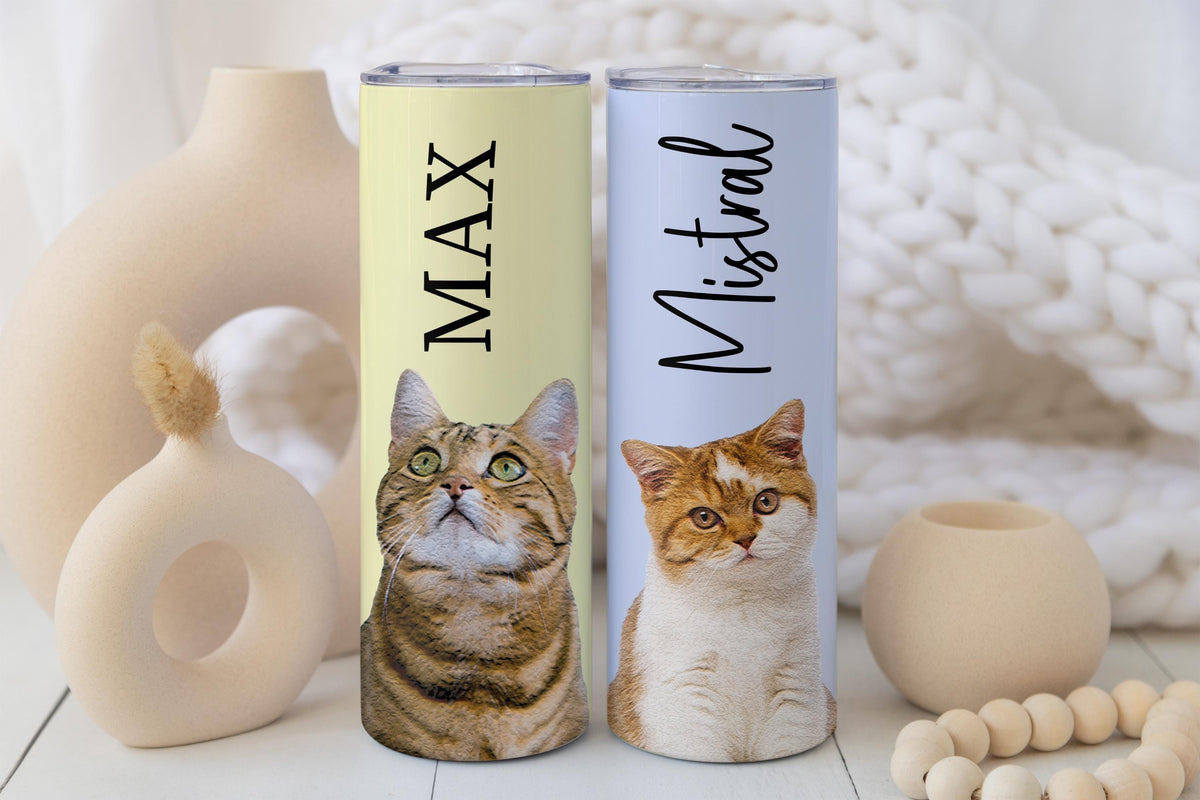 Custom Cat Photo with Name Tumbler, Personalized Cats Photo Travel Cup, Cat Mom Gift Mug, Pet Paw Print Heart Pattern Skinny Tumblers