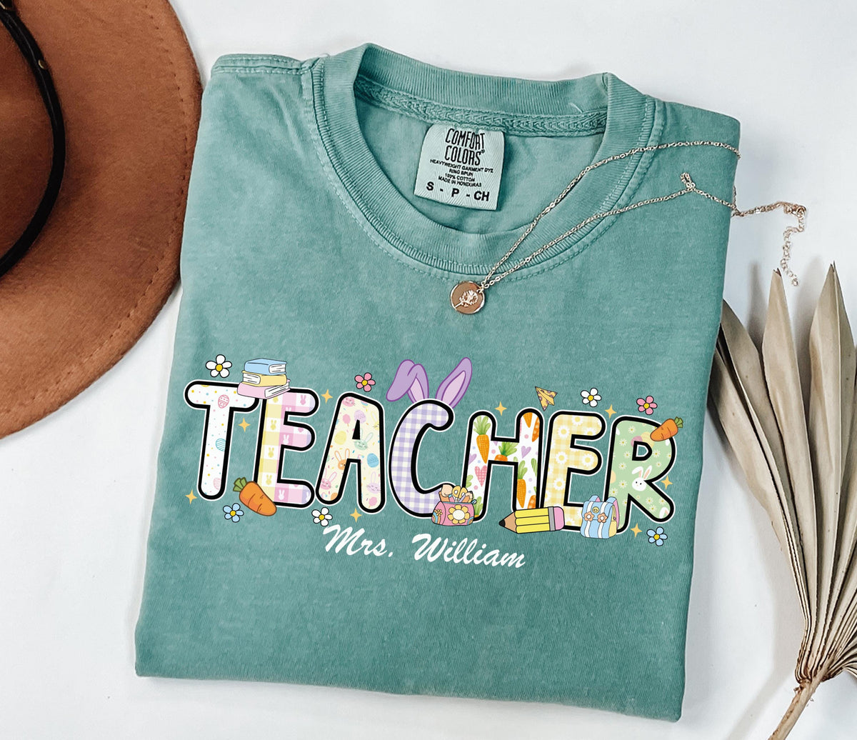 Comfort Colors® Personalized Easter Teacher Shirt, Teacher Bunny Shirt, Elementary Teacher Happy Easter Shirt, Easter Teacher Gift