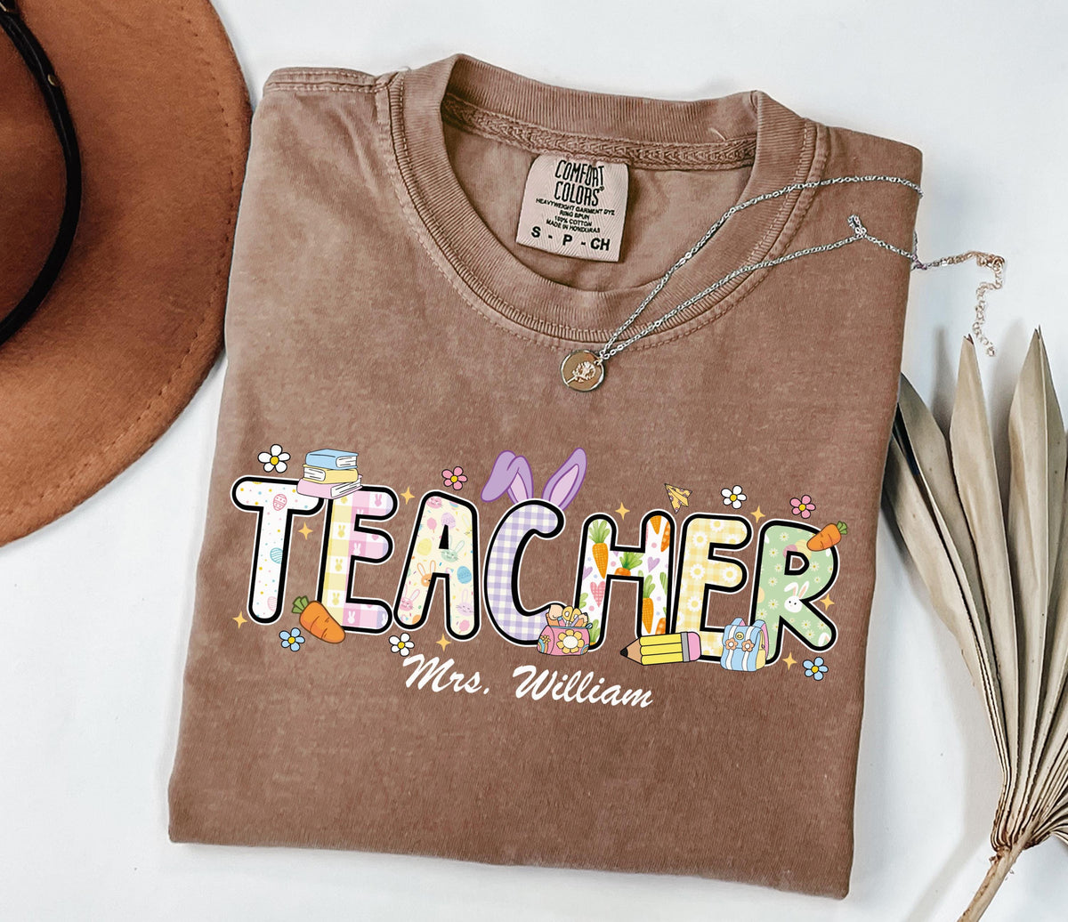 Comfort Colors® Personalized Easter Teacher Shirt, Teacher Bunny Shirt, Elementary Teacher Happy Easter Shirt, Easter Teacher Gift