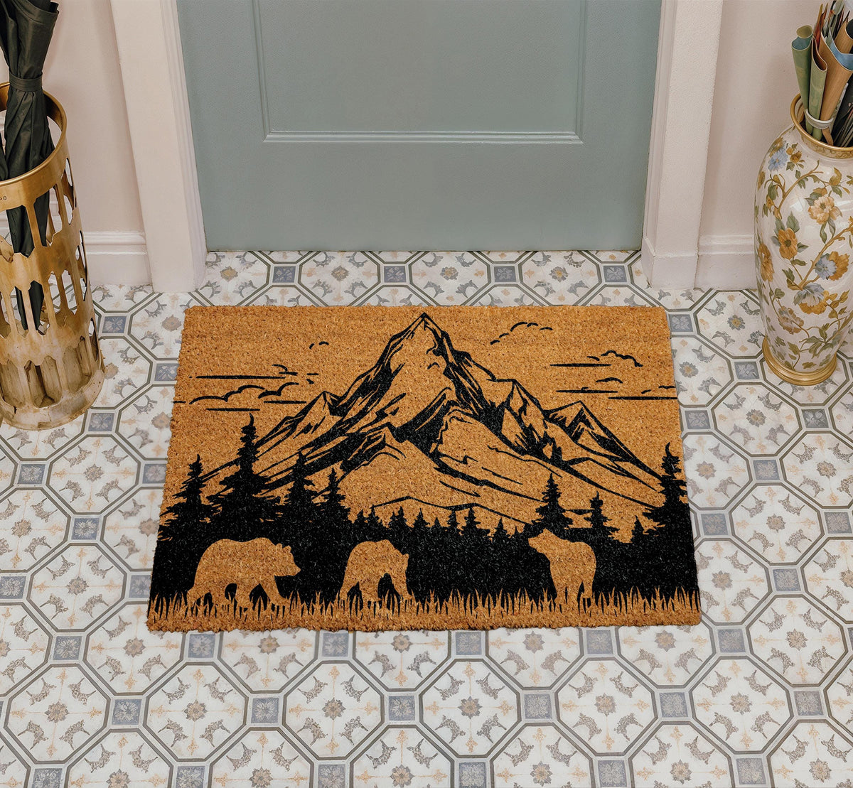 Mountain Landscape Doormat, Bears & Trees Camping Welcome Mat, Rustic Wilderness Home Decor