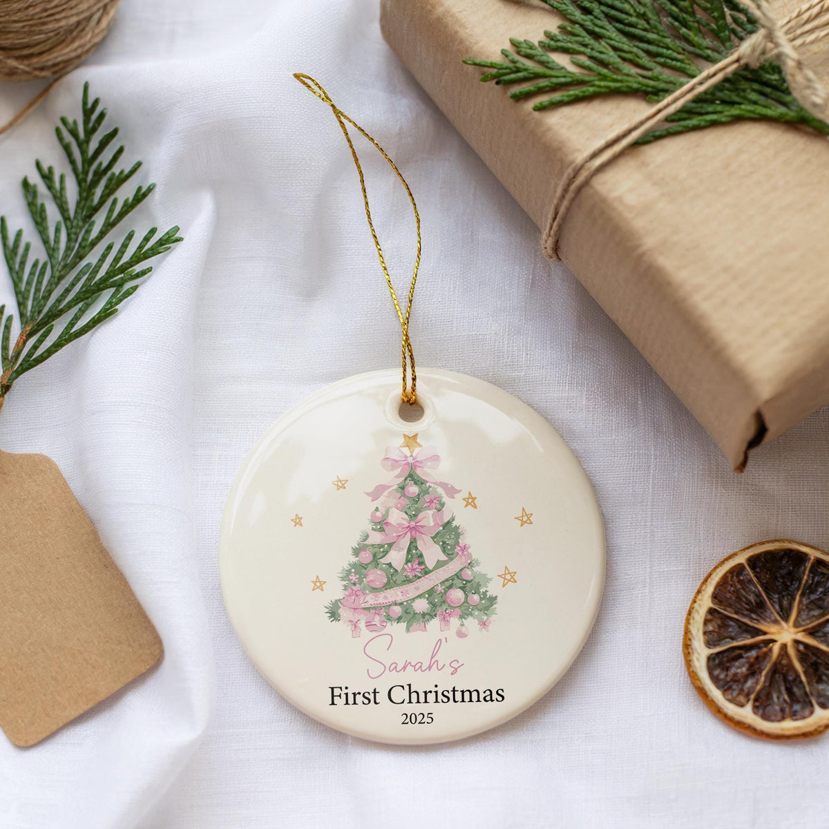 Personalized Baby's First Christmas Ornament, Pink Christmas Tree Ceramic Keepsake