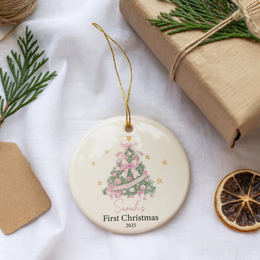 Personalized Baby's First Christmas Ornament, Pink Christmas Tree Ceramic Keepsake
