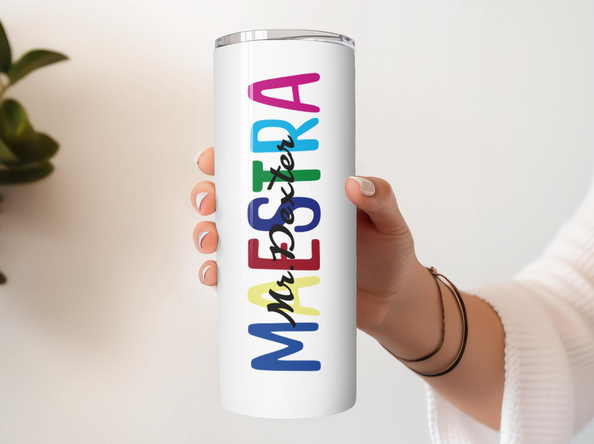 Custom Name Maestra Tumbler With Straw, Personalized Spanish Bilingual Teacher Coffee Tumbler