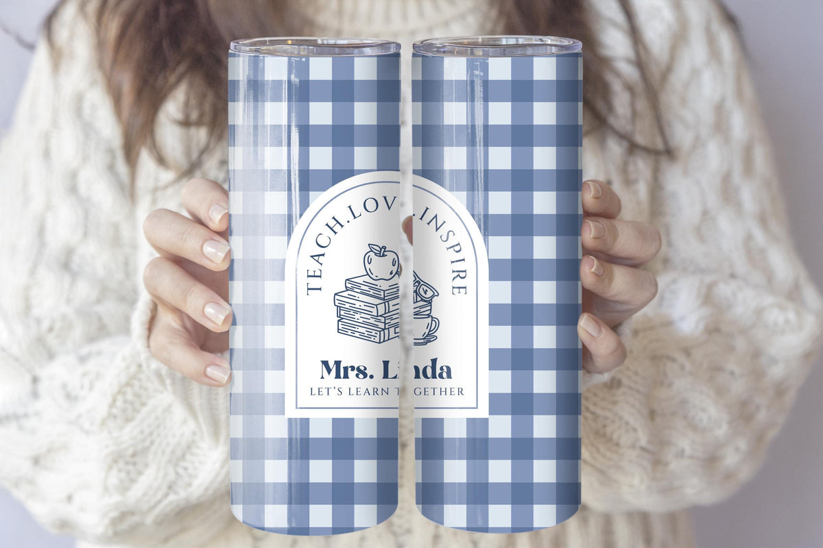 Personalized Blue Gingham Design Teacher Coffee Cup, Teach Love Inspire Tumbler With Straw