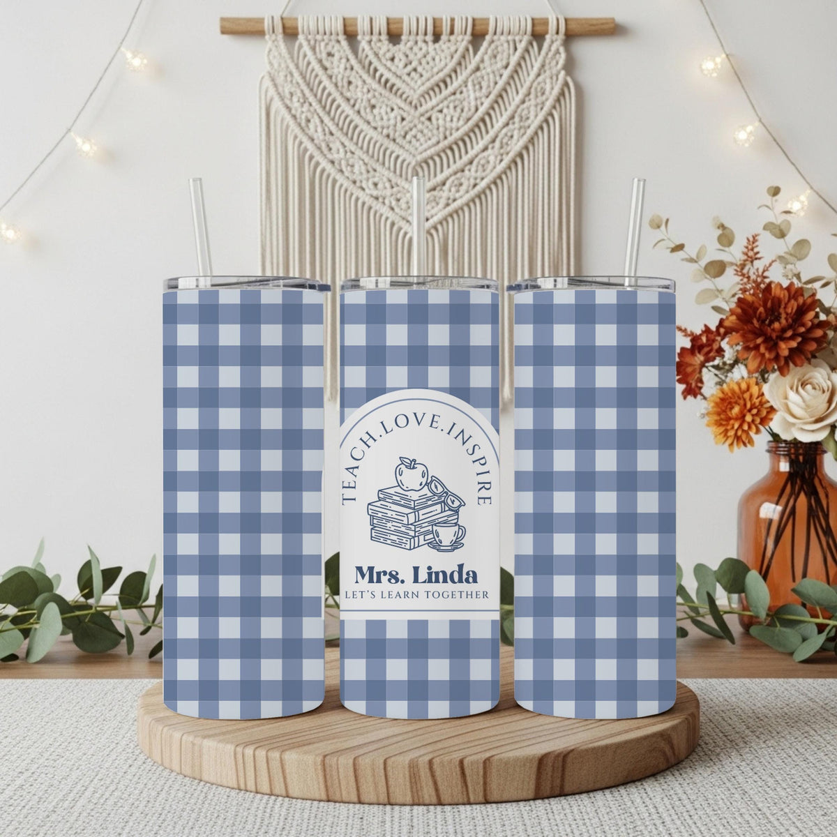 Personalized Blue Gingham Design Teacher Coffee Cup, Teach Love Inspire Tumbler With Straw