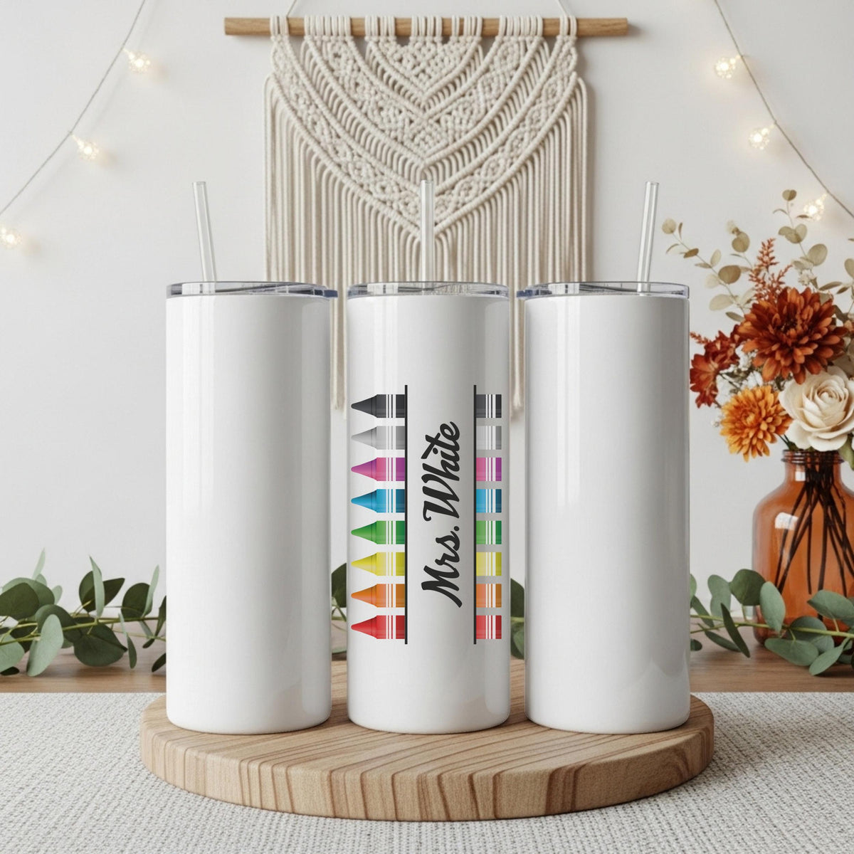 Personalized Teachers Name Tumbler With Straw, Rainbow Crayons Teacher Coffee Cup