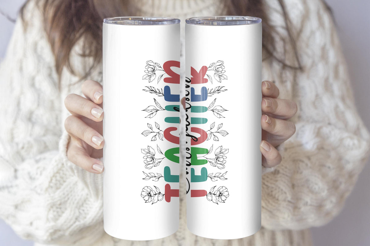Custom Name Teacher Tumbler With Straw, Line Art Floral & Retro Groovy Design School Tumbler