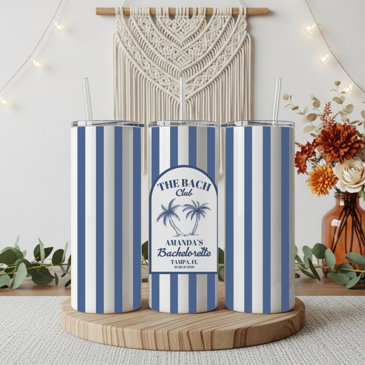 Customizable Blue and White Striped Bachelorette Cup, Coastal Bridal Shower Matching Drinkware Tumbler