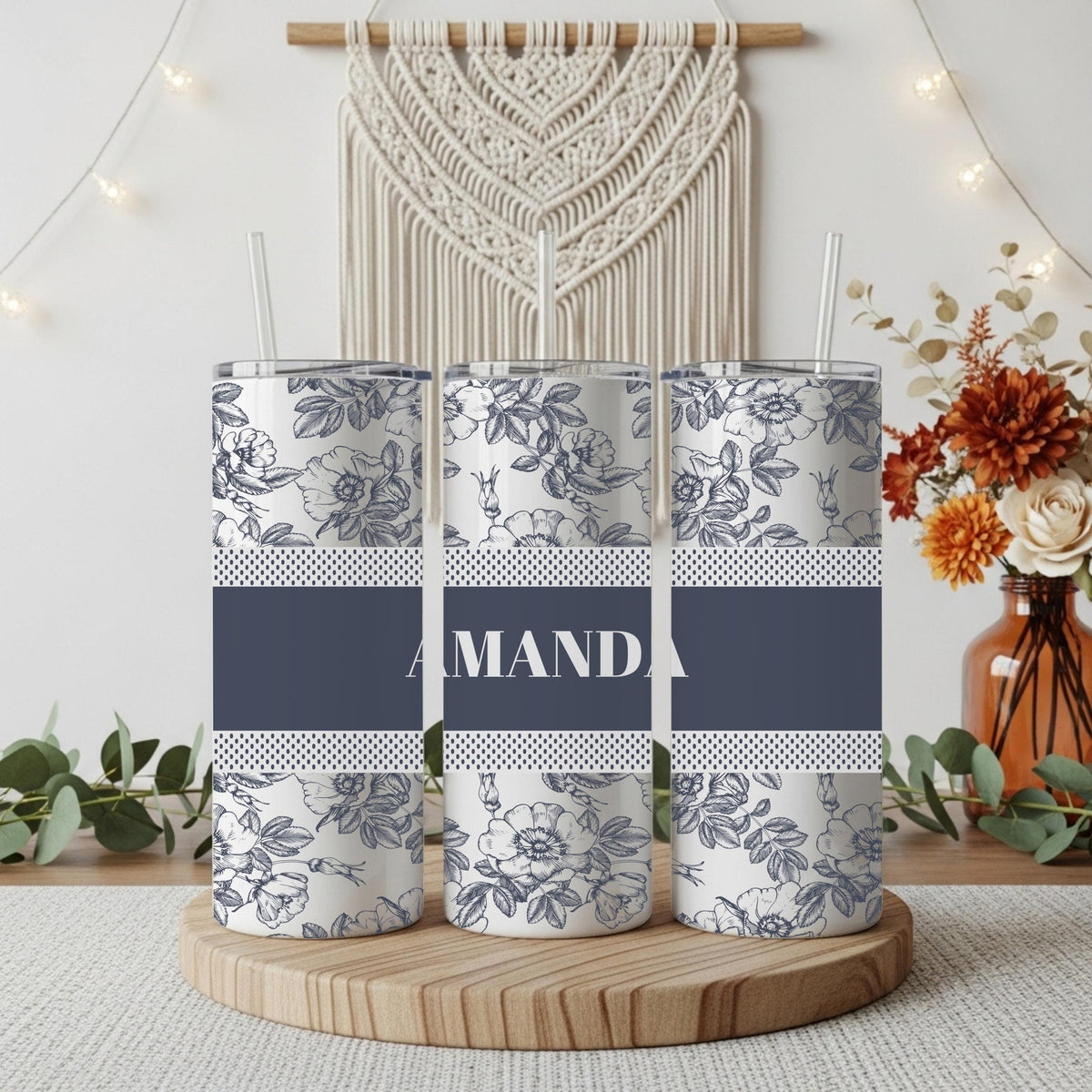 Custom Name Aesthetic Toile de Jouy Coffee Tumbler