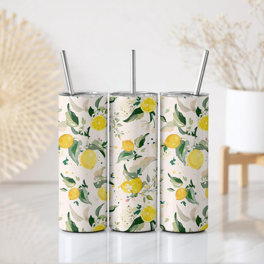 Watercolor Lemon Design Tumbler – Lemon Tree Water Cup, Fresh Citrus Stainless Steel Travel Mug