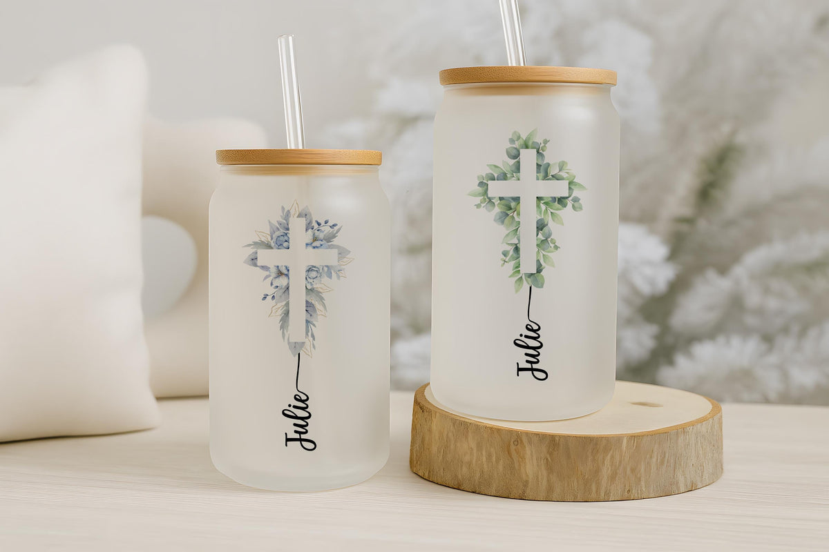 Customizable Floral Cross Can Glass Tumbler, Aesthetic Christian Gift For Her