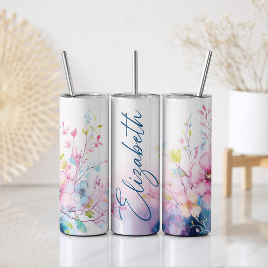 Personalized Floral Stainless Steel Tumbler, Watercolor Insulated Tumbler