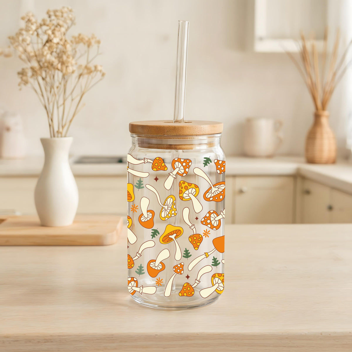 Vibrant Orange Color Mushrooms Pattern Can Glass Cup, Boho Aesthetic Bamboo Lid Tumbler