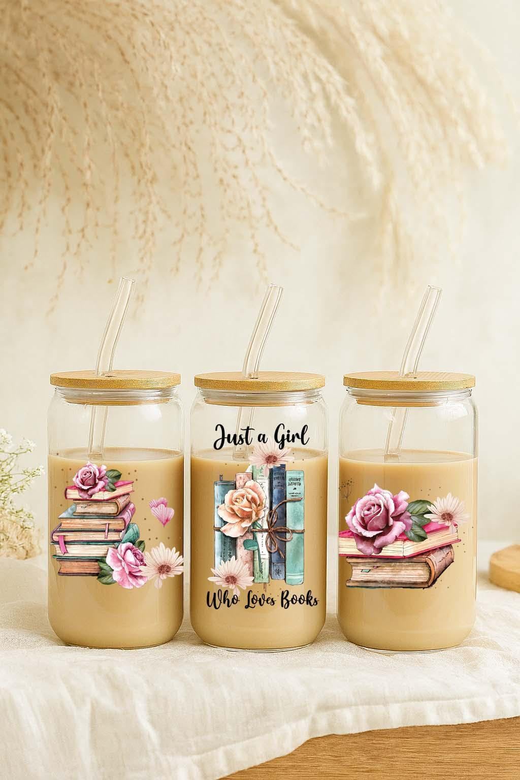 Just A Girl Who Loves Book Can Glass Cup, Floral Book Design Iced Coffee Tumbler