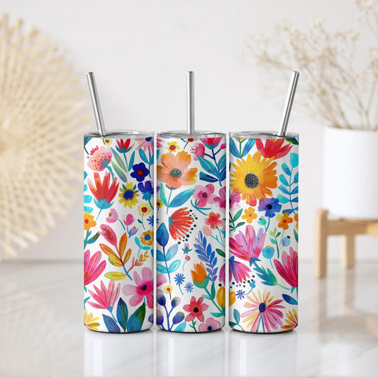 Watercolor Flowers Tumbler – Floral Stainless Steel Travel Cup – Summer Flowers Design Drinkware – Gift for He