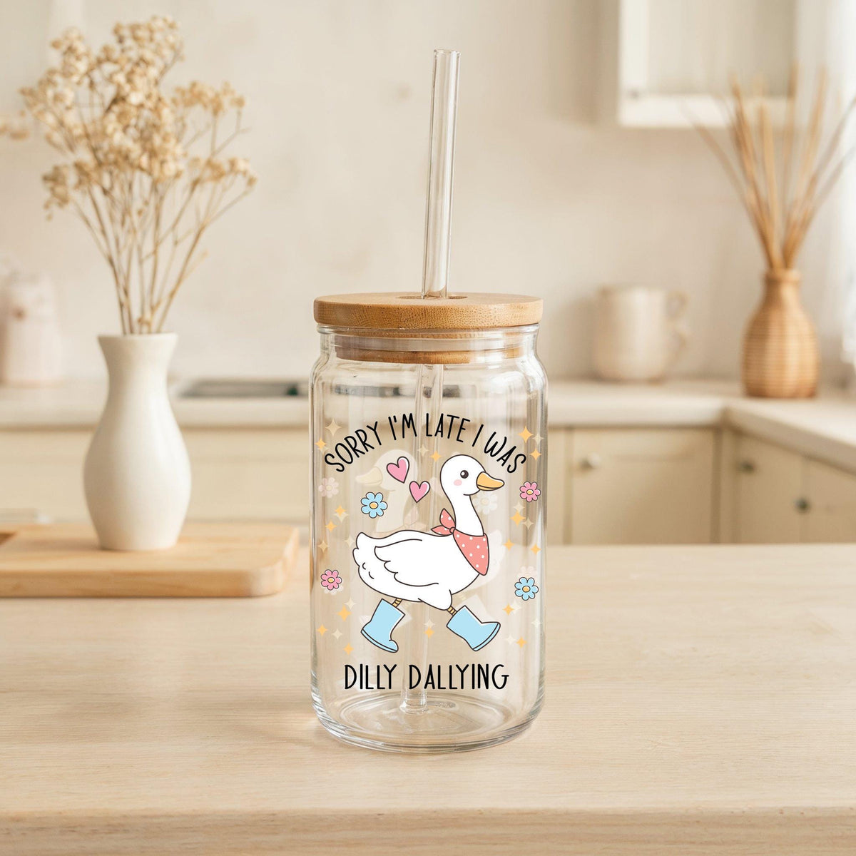 Sorry I'm Late I Was Dilly Dallying Can Glass, Funny Duck Iced Coffee Cup