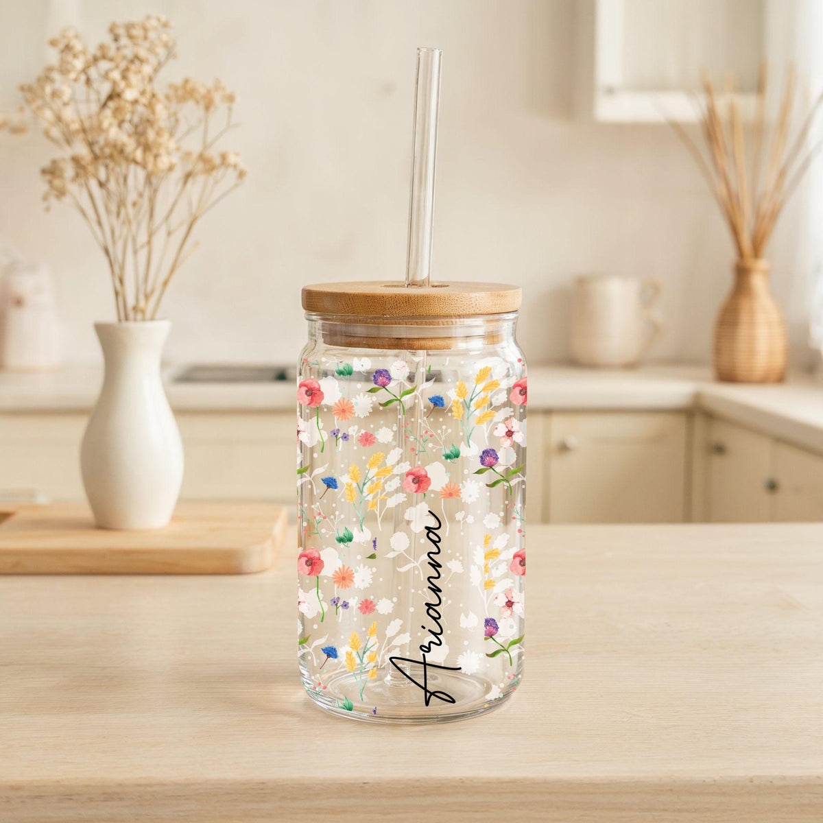Custom Name Can Glass Tumbler, Colorful Flowers Printed Glass Cup