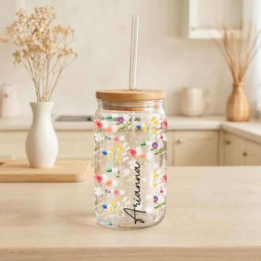 Custom Name Can Glass Tumbler, Colorful Flowers Printed Glass Cup