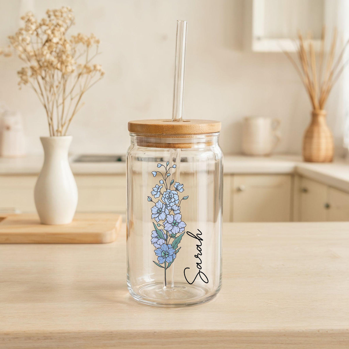 Customizable Birth Month Flower Design Glass Cup, Floral Name Can Glass Tumbler