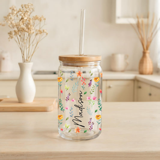 Customizable Colorful Wild Flowers Design Can Glass Tumbler, Boho Housewife Gift