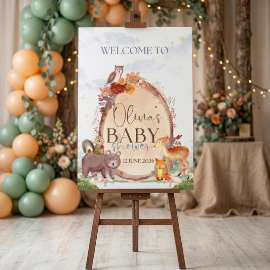 Jungle Animals Baby Shower Welcome Sign, Custom Woodland Theme Foam Board (Coroplast)