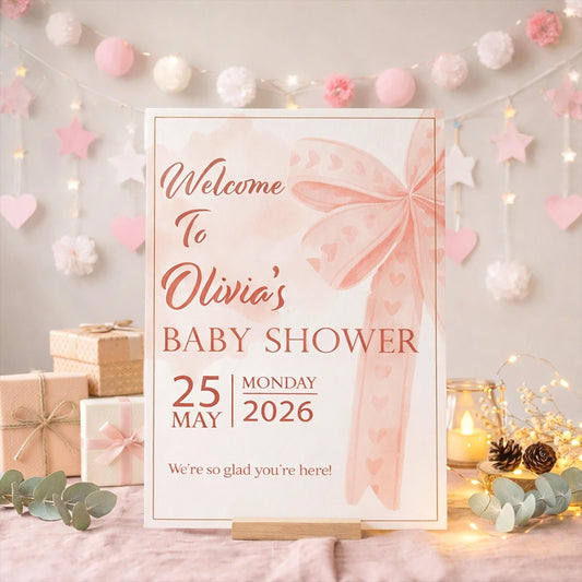 Custom Baby Shower Welcome Sign, Pink Bow Foam Board, Personalized Girl Party Decor