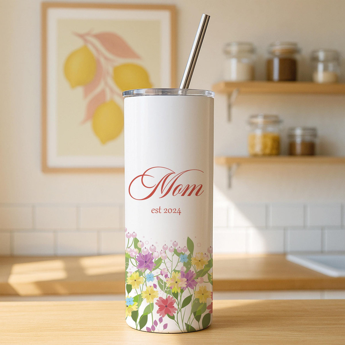 Personalized Floral Mom Est 2024 Tumbler, Stainless Steel Travel Mug