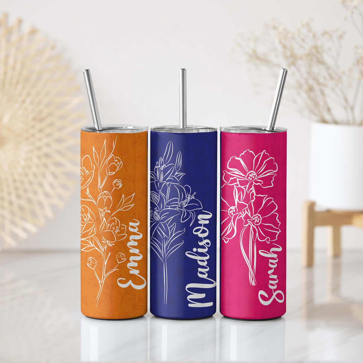 Custom Name Birth Flower Design Insulated Tumbler, Colorful Floral Coffee Lover Gift