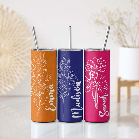 Custom Name Birth Flower Design Insulated Tumbler, Colorful Floral Coffee Lover Gift
