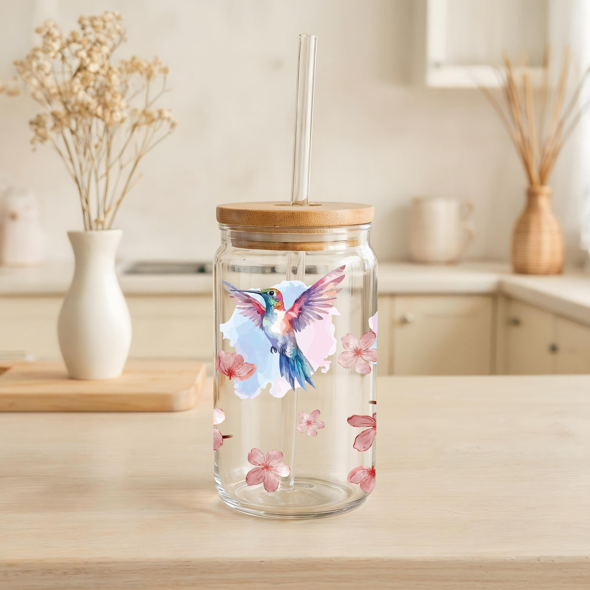 Water Color Humming Bird Design Can Glass Tumbler, Cherry Blossom Tree Eco Friendly Cup